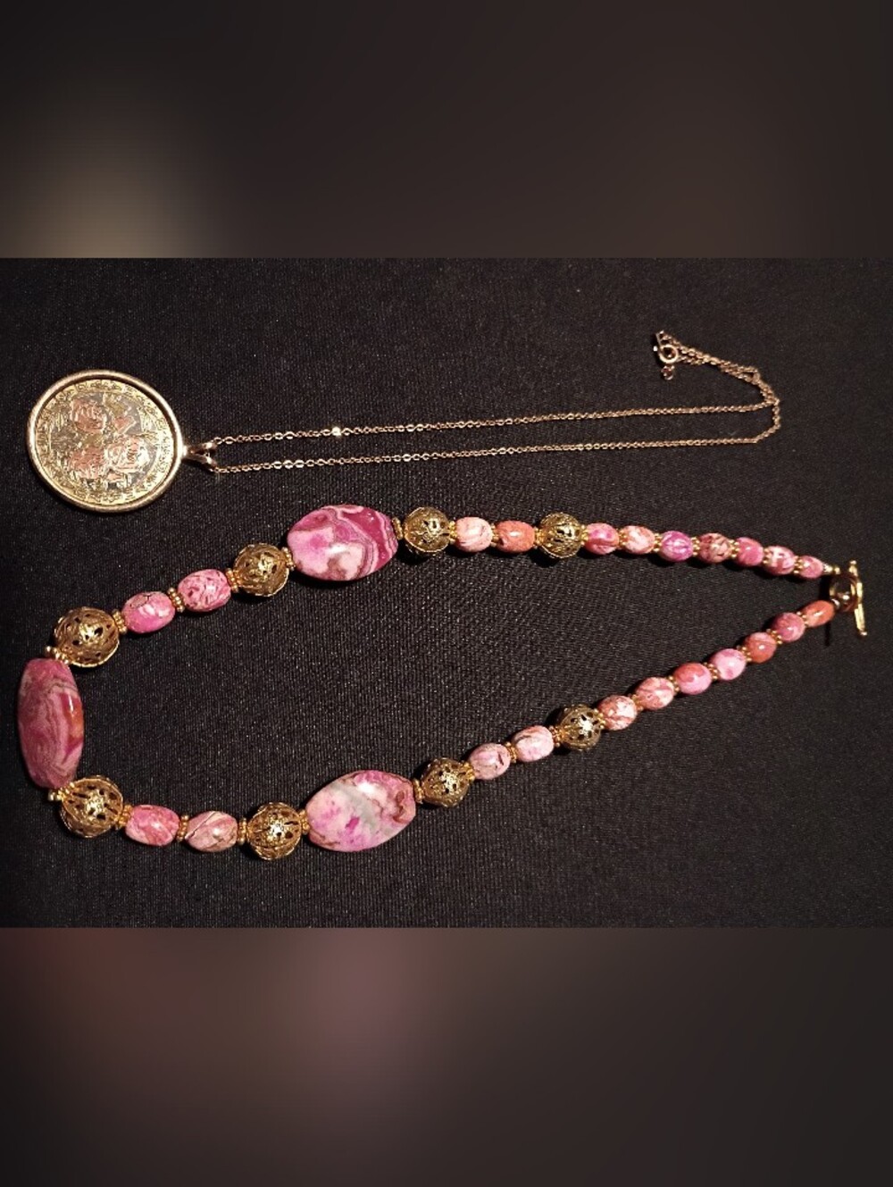 VIBRANT PINK & GOLD RHODONITE BEADED NECKLACE +ROSE MOTIF NECKLACE BUNDLE.